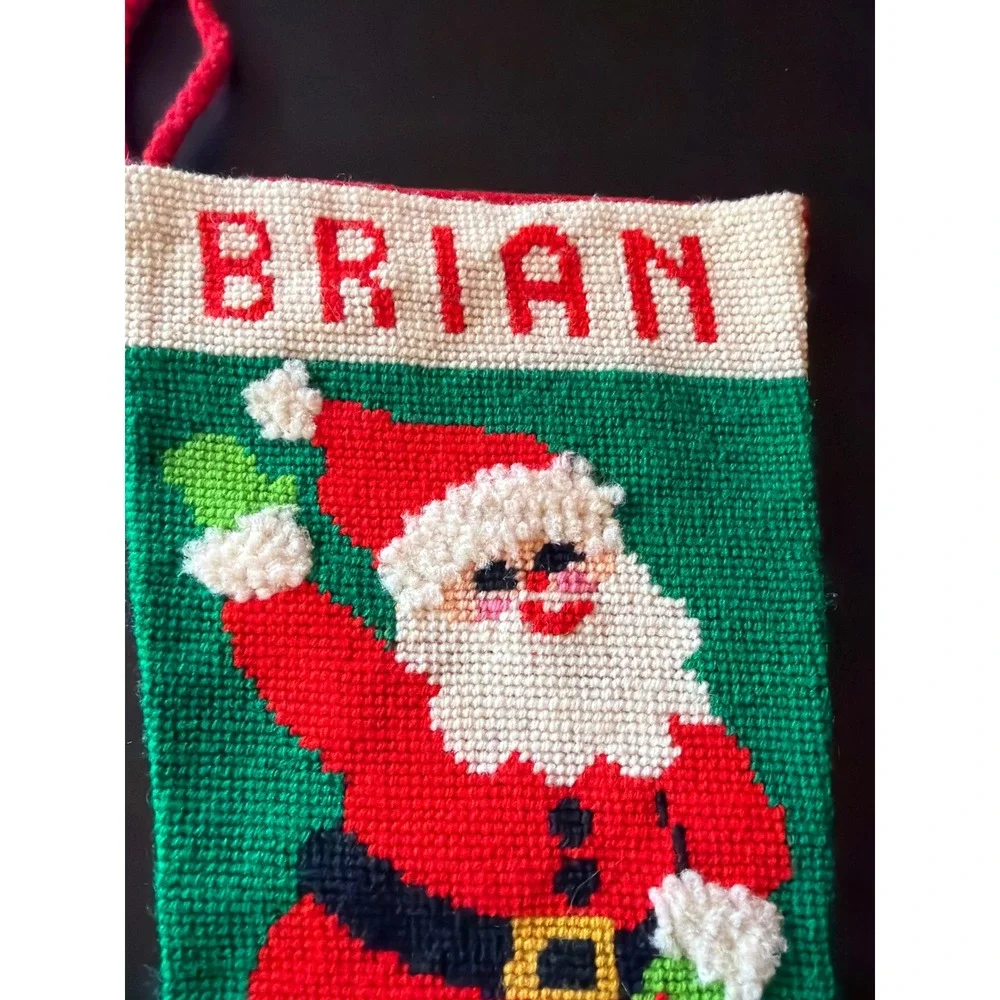 Vintage Needlepoint Christmas‎ Stocking Santa Claus Brian Personalized Green Red
